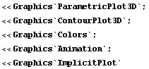 <<Graphics`ParametricPlot3D` ; <<Graphics`ContourPlot3D` ; <<Graphics`Colors` ; <<Graphics`Animation` ; <<Graphics`ImplicitPlot` 