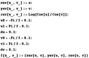 xuv[u_, v_] := u ; yuv[u_, v_] := v ; zuv[u_, v_] := Log[Cos[u]/Cos[v]] ; RowBox[{RowBox[{u0,  ...  -, 0.1}]}], ;}] RowBox[{RowBox[{dv, =, 0.1}], ;}] f[u_, v_] := {xuv[u, v], yuv[u, v], zuv[u, v]} 