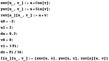 xuv[u_, v_] := u * Cos[v] ; yuv[u_, v_] := u * Sin[v] ; zuv[a_][u_, v_] := a * v ; u0 = -2 ; u ... 0.2}], ;}] v0 = 0 ; v1 = 3Pi ; dv = Pi/36 ; f[a_][u_, v_] := {xuv[u, v], yuv[u, v], zuv[a][u, v]} 