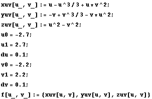 xuv[u_, v_] := u - u^3/3 + u * v^2 ; yuv[u_, v_] := -v + v^3/3 - v * u^2 ; zuv[u_, v_] := u^2  ... 1, =, 2.2}], ;}] RowBox[{RowBox[{dv, =, 0.1}], ;}] f[u_, v_] := {xuv[u, v], yuv[u, v], zuv[u, v]} 