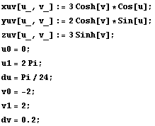 xuv[u_, v_] := 3Cosh[v] * Cos[u] ; yuv[u_, v_] := 2Cosh[v] * Sin[u] ; zuv[u_, v_] := 3Sinh[v] ; u0 = 0 ; u1 = 2Pi ; du = Pi/24 ; v0 = -2 ; v1 = 2 ; RowBox[{RowBox[{dv, =, 0.2}], ;}] 