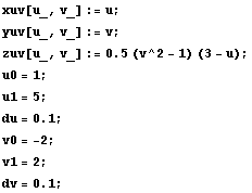 xuv[u_, v_] := u ; yuv[u_, v_] := v ; RowBox[{RowBox[{zuv[u_, v_], :=, RowBox[{0.5, (v^2 - 1), ... ; u1 = 5 ; RowBox[{RowBox[{du, =, 0.1}], ;}] v0 = -2 ; v1 = 2 ; RowBox[{RowBox[{dv, =, 0.1}], ;}] 