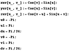 xuv[u_, v_] := Cos[v] + Sin[u] ; yuv[u_, v_] := Cos[u] + Sin[v] ; zuv[u_, v_] := Cos[v + u] + Sin[u + v] ; u0 = -Pi ; u1 = Pi ; du = Pi/24 ; v0 = -Pi ; v1 = Pi ; dv = Pi/24 ; 