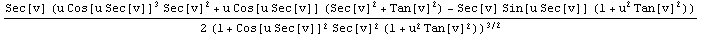 (Sec[v] (u Cos[u Sec[v]]^3 Sec[v]^2 + u Cos[u Sec[v]] (Sec[v]^2 + Tan[v]^2) - Sec[v] Sin[u Sec[v]] (1 + u^2 Tan[v]^2)))/(2 (1 + Cos[u Sec[v]]^2 Sec[v]^2 (1 + u^2 Tan[v]^2))^(3/2))