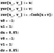 xuv[u_, v_] := u ; yuv[u_, v_] := v ; zuv[u_, v_] := -Cosh[u * v] ; u0 = -1 ; u1 = 1 ; RowBox[{RowBox[{du, =, 0.05}], ;}] v0 = -1 ; v1 = 1 ; RowBox[{RowBox[{dv, =, 0.05}], ;}] 