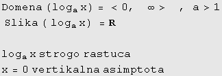 Domena (log_ax) = <0,    ∞>     , a>1  Slika ( log_ax) = R log_ax strogo rastuca x = 0 vertikalna asimptota  