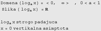 Domena (log_ax) = <0,    ∞>     , 0<a<1  Slika ( log_ax) = R log_ax strogo padajuca x = 0 vertikalna asimptota  