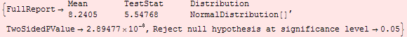 {FullReport→ {{Mean, TestStat, Distribution}, {8.2405, 5.54768, NormalDistribution[]}}, TwoSidedPValue→2.89477*10^-8, Reject null hypothesis at significance level→0.05}